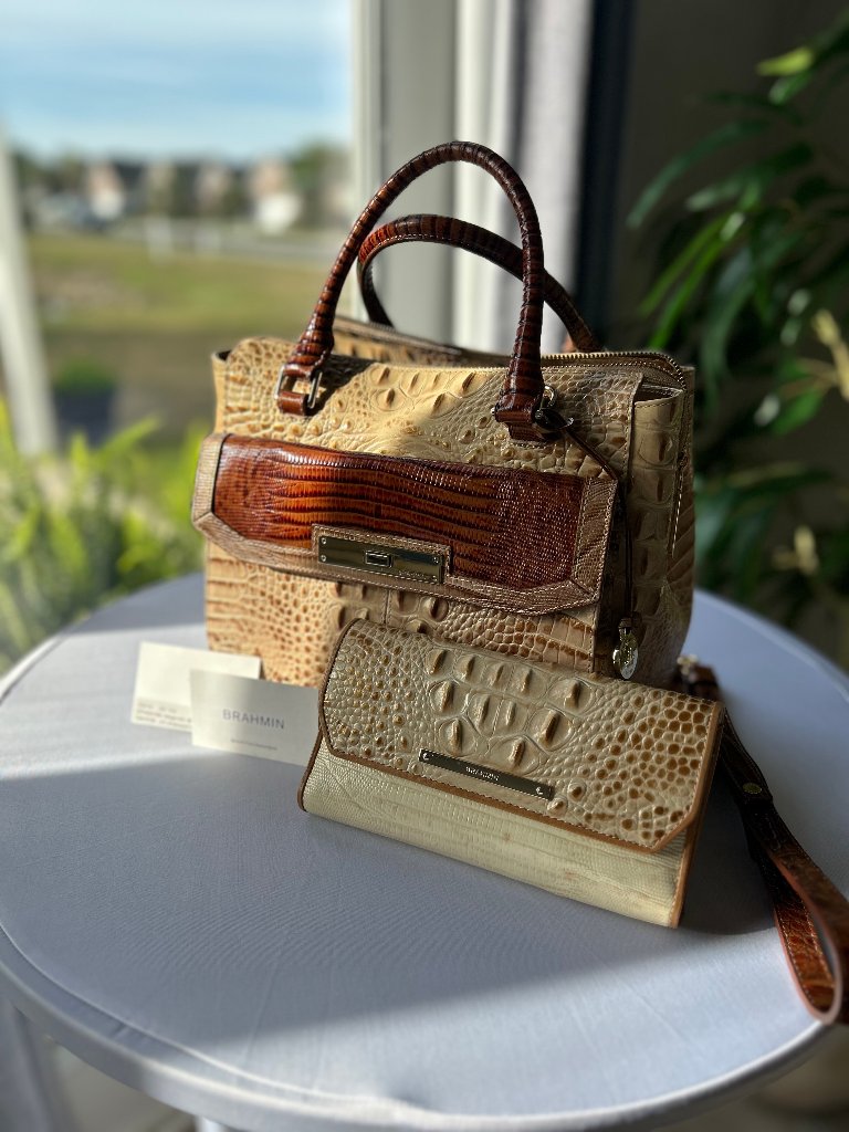 Brahmin Melbourne Champagne Merritt Embossed Satchel + Matching Checkbook
